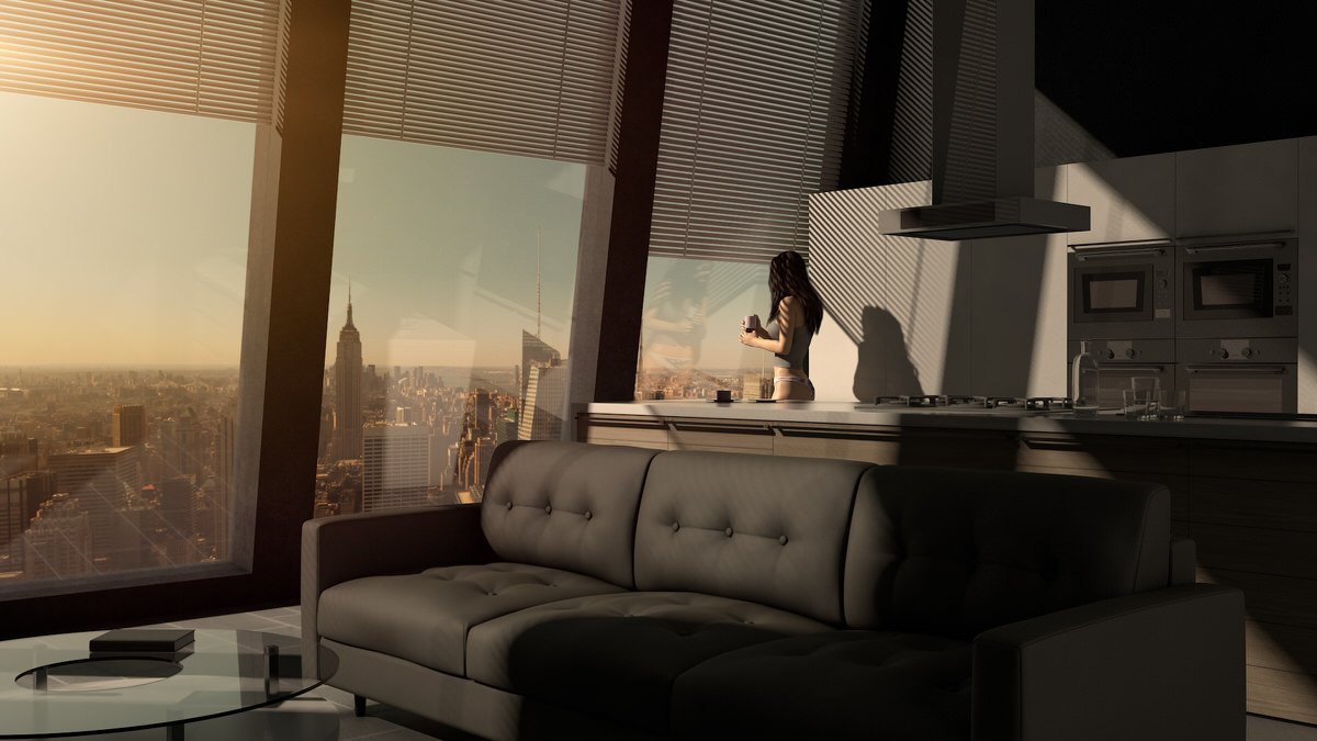 Architektur Visualisierung mit Cinema 4D New York Küche Frau Model Daz Studio Adobe Photoshop mamo photography interlaken schweiz berner oberland