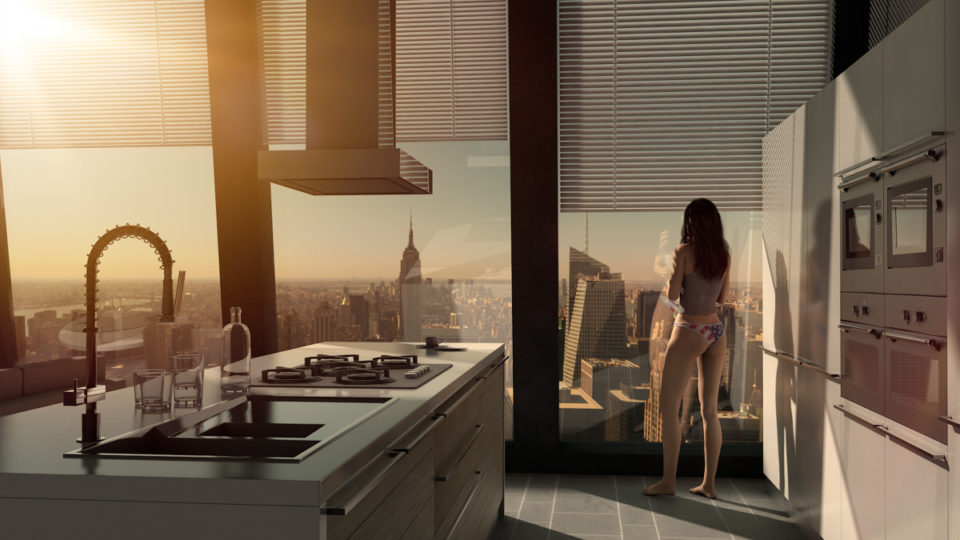 Manhattan-Kitchen-Cinema4D-Virtualisierung-Architektur-002 Architektur Visualisierung mit Cinema 4D New York Küche Frau Model Daz Studio Adobe Photoshop mamo photography interlaken schweiz berner oberland